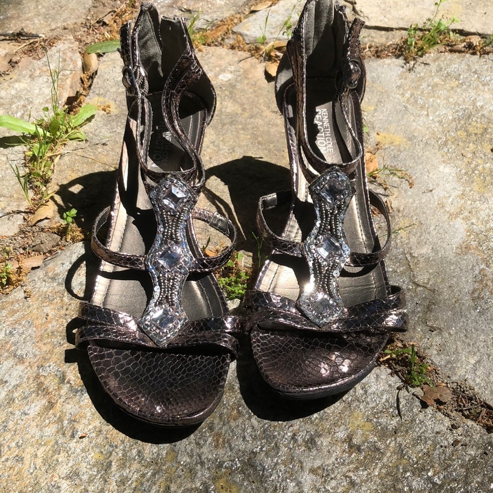 Kenneth Cole metallic sandals with gems.